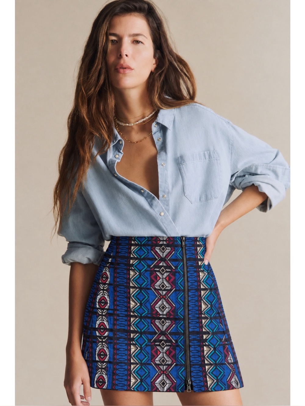 J. Crew Woman Blue Gold Silver Geometric Tribal Zip Up Mini Skirt US00 Preppy
